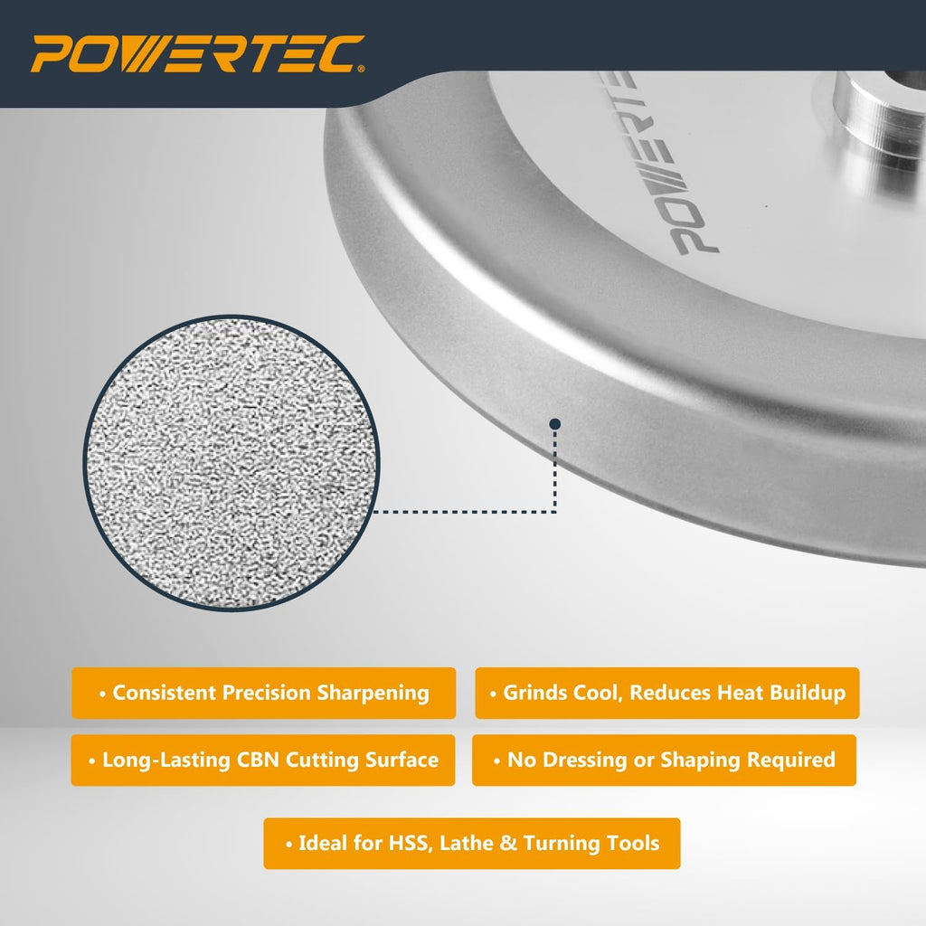 POWERTEC CBN Grinding Wheel 8 Inch 600 Grit, 1-1/4' Wide, 5/8' Arbor – 4-in-1 CBN Sharpening Wheel with 1/4' Radius Edge and Side Face for Bench Grinder (15706)