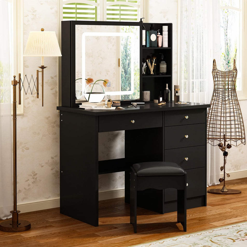 Vanity Desk Set with Sliding Lighted Mirror, Makeup Vanity with Drawer & Shelf, Dressing Table with Cushion Stool & Hidden Storage for Bedroom, Black