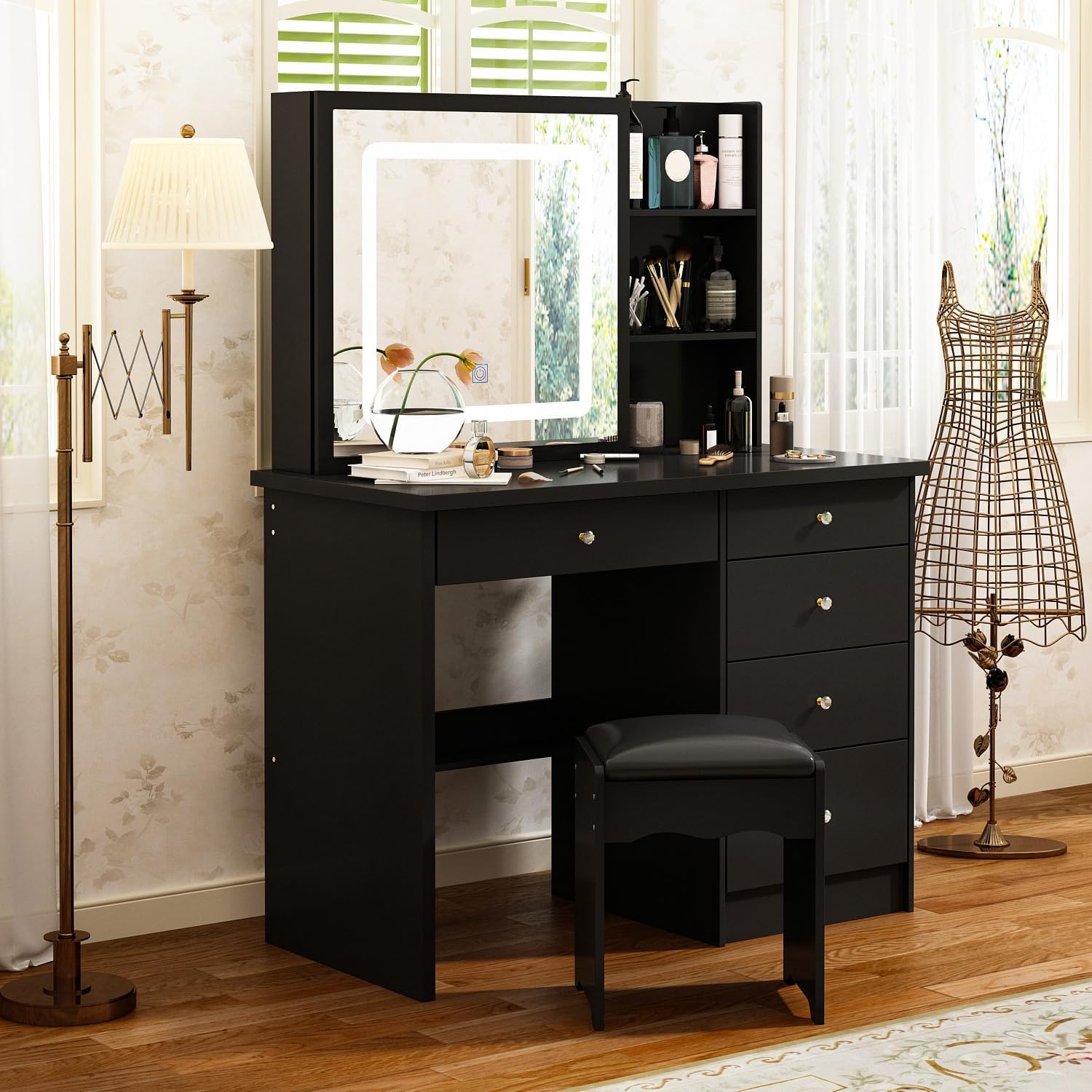 Vanity Desk Set with Sliding Lighted Mirror, Makeup Vanity with Drawer & Shelf, Dressing Table with Cushion Stool & Hidden Storage for Bedroom, Black