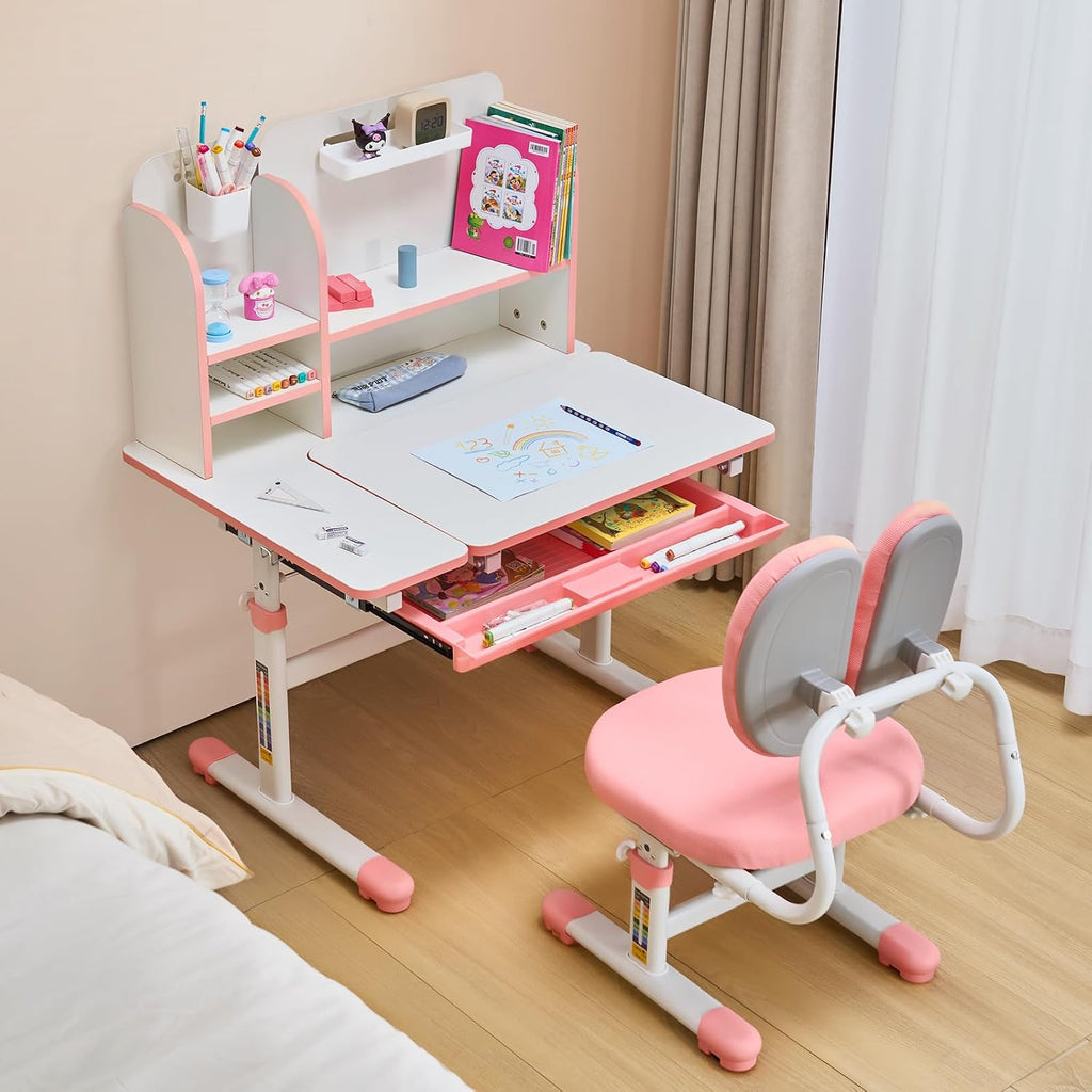 VEVOR Kids Study Chair and Desk Set, Study Desk and Chair for Kids with Bookshelf & Storage Drawer, Adjustable Height & 0-40° Tilted Desktop Desk and Chair, Study Table for Bedroom & Study Room, Pink