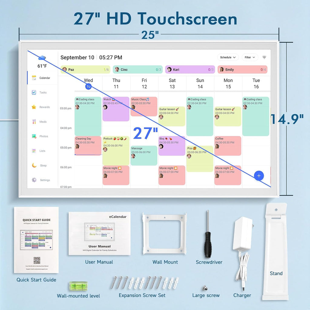 27' Digital Calendar Electronic Planner with IPS Display for Home & Office | Family Organizer Wall Mount, Portrait or Landscape, Weekly & Monthly Schedule, Gift for Mom