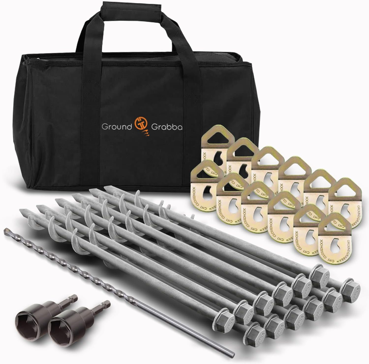 GROUNDGRABBA Screw in Tent Stake for Normal to Hard Ground | Premium Drill Driven Ground Anchor Earth Screws | 12X Pro Stakes, 12X Closed Hooks, 1x Masonry Drill Bit, 1x Carry-All Bag