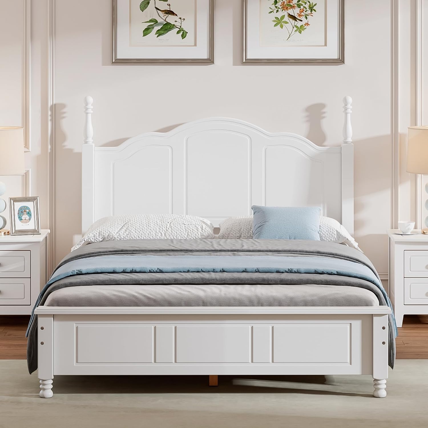Harper & Bright Designs Full Size Mid Century Modern Bed Frame, Wooden Platform Bed with Retro Wave Headboard and Underbed Storage for Living Room, Classic Vintage Design, White