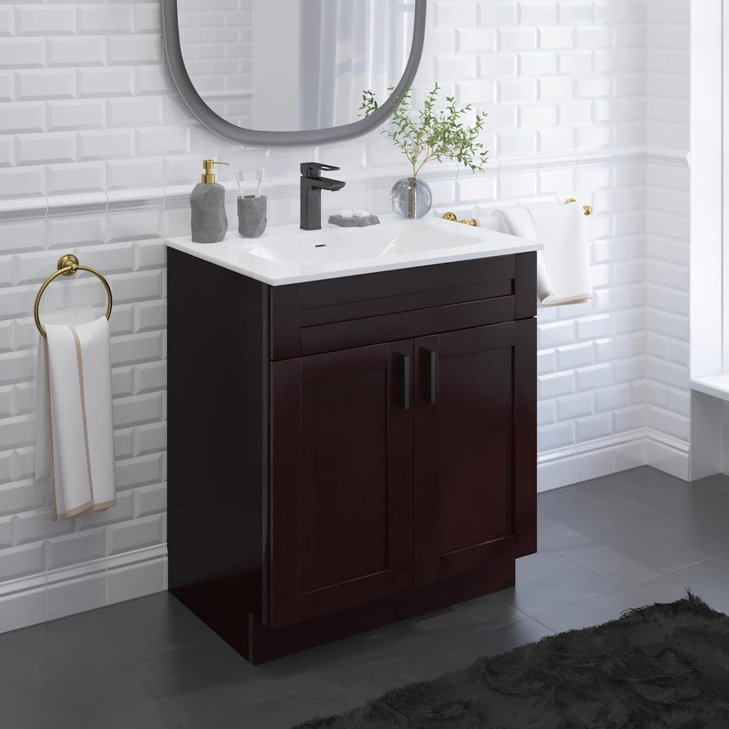 30' Espresso Shaker Bathroom Vanity Base – Ready-to-Assemble Sink Cabinet, Freestanding Bathroom Vanity Base Only, No Top or Sink