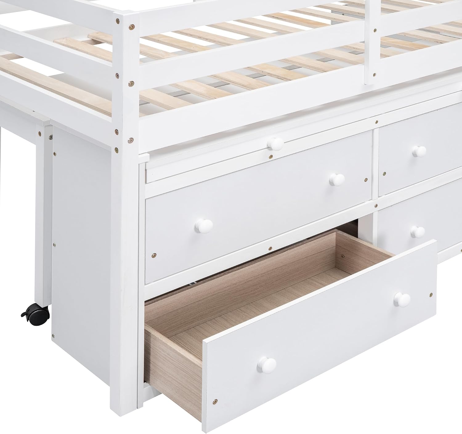 JIVOIT Twin Size Low Loft Bed with Retractable Writing Desk, Storage Bed with 4 Drawers and Shelves, Wooden Loft Bed with Lateral Portable Desk for Kids Teens Adults Bedroom (White,Twin,9)