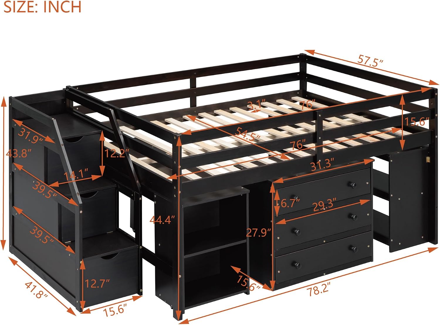 Full Size Loft Bed with Retractable Writing Desk, Wooden Loft Bed with 3 Drawers and Shelves, Storage Stairs, Versatility Low Loft Bed Storage Bed for Kids Boys Girls Bedroom (Espresso,Storage Stairs)