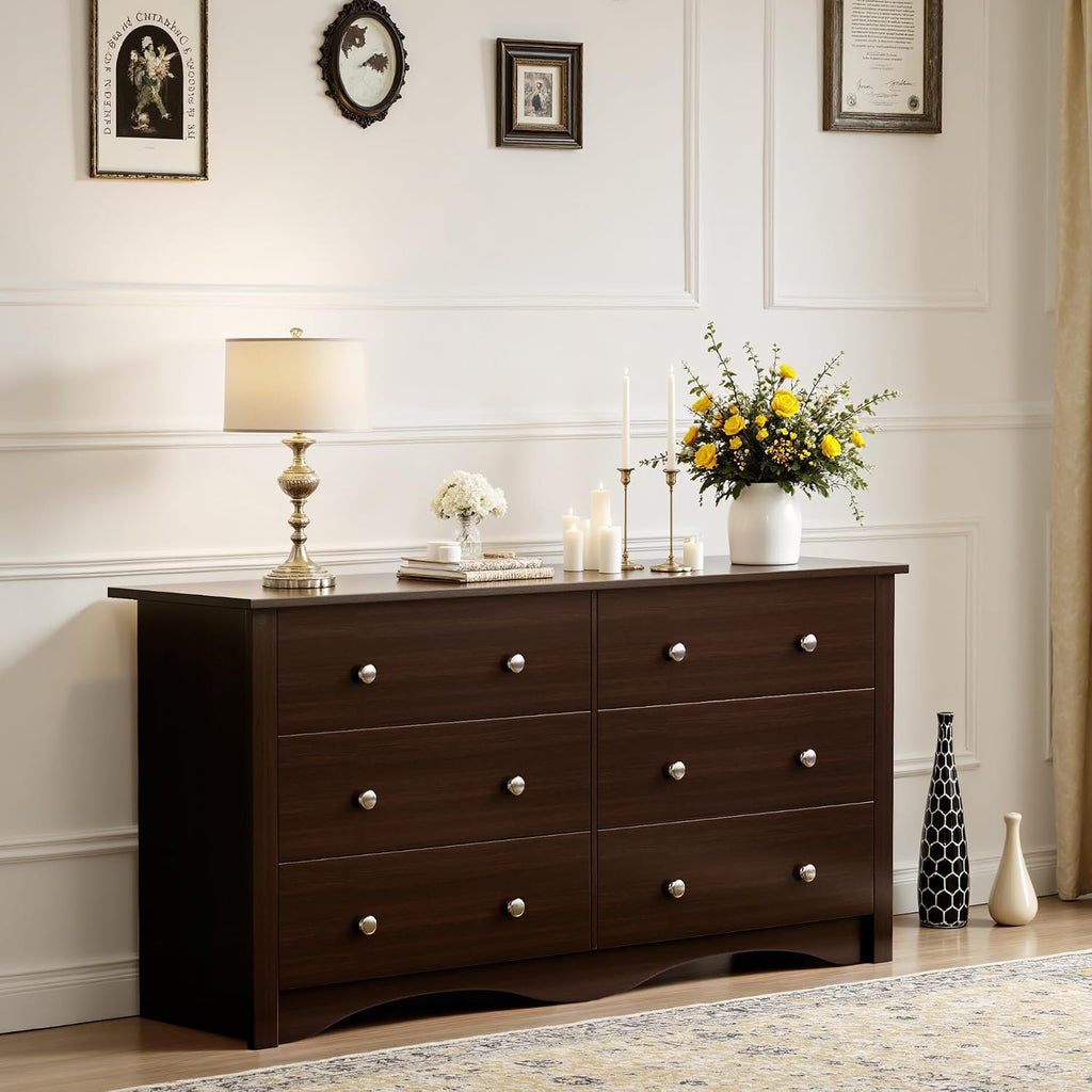 JUMMICO Dresser for Bedroom, 6 Wood Dresser Drawers, Wide Chest of Drawers, Storage Tower Unit, Modern Design for Bedroom, Living Room, Hallway, Entryway (Dark Brown)