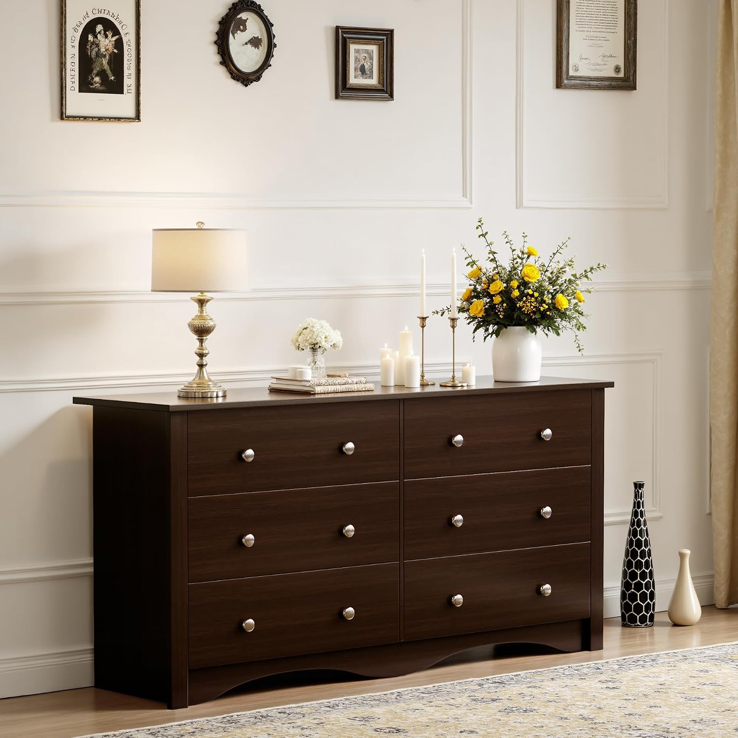 JUMMICO Dresser for Bedroom, 6 Wood Dresser Drawers, Wide Chest of Drawers, Storage Tower Unit, Modern Design for Bedroom, Living Room, Hallway, Entryway (Dark Brown)
