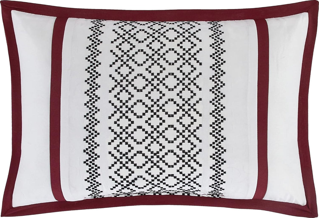 Grand Avenue White Red Comforter Set California King Size, 7 Piece Terry Embroidery All Season Bedding Set, Bedskirt, Pillows & Shams