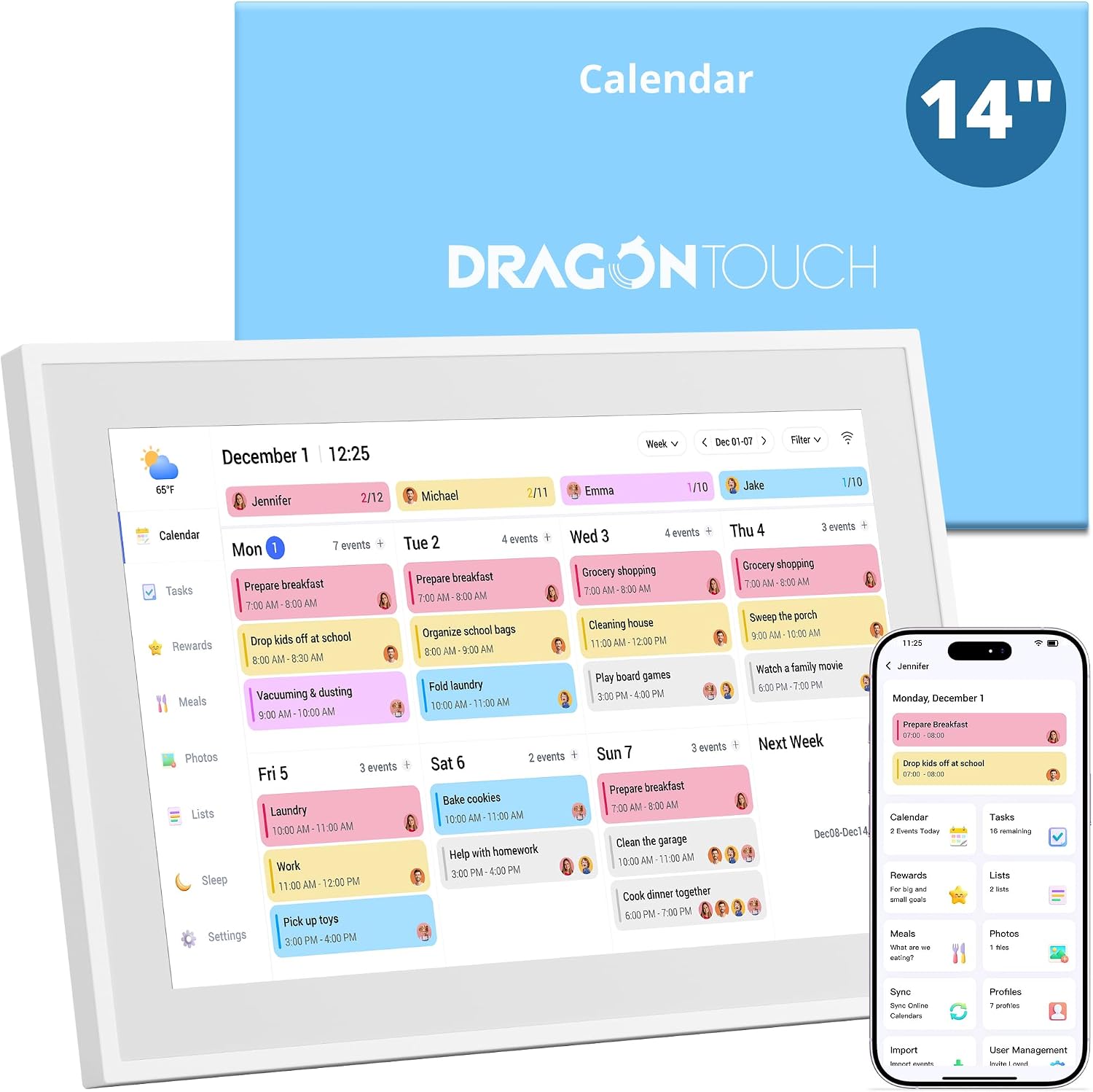 Dragon Touch 14 inch Digital Calendar & Chore Chart - Interactive Touchscreen Smart Family Planner,Digital Picture Frame for Mom, Women, Christmas & Weddings