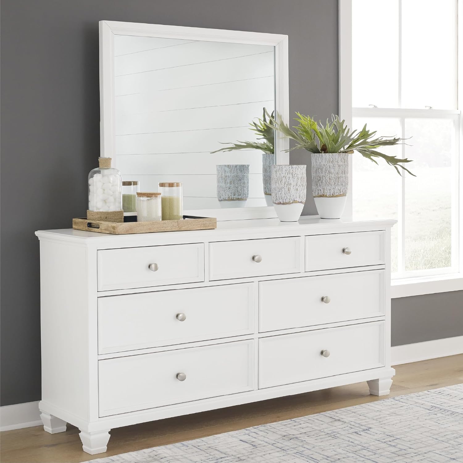Signature Design by Ashley Fortman Casual Dresser and Mirror, Tapered Feet, 7 Storage Drawers, Round Satin Nickel Metal Knobs, Wood, 74.13' High, White