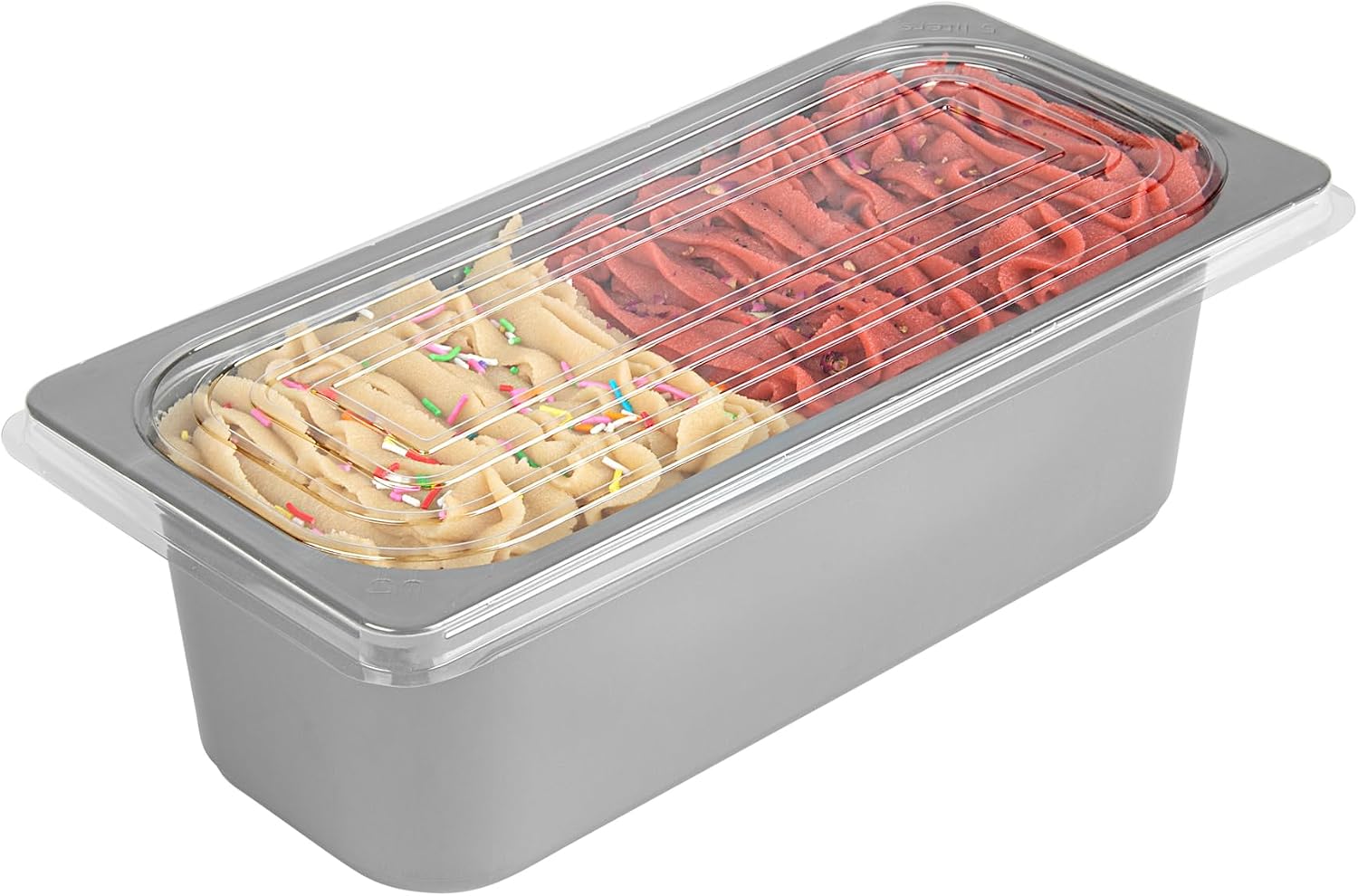Restaurantware 5 Quart Ice Cream Tub, 100 Count, 5.28 Liter Capacity, Plastic Dessert Container, Rectangular Food Storage Box, Stackable Clear Lid, Gray