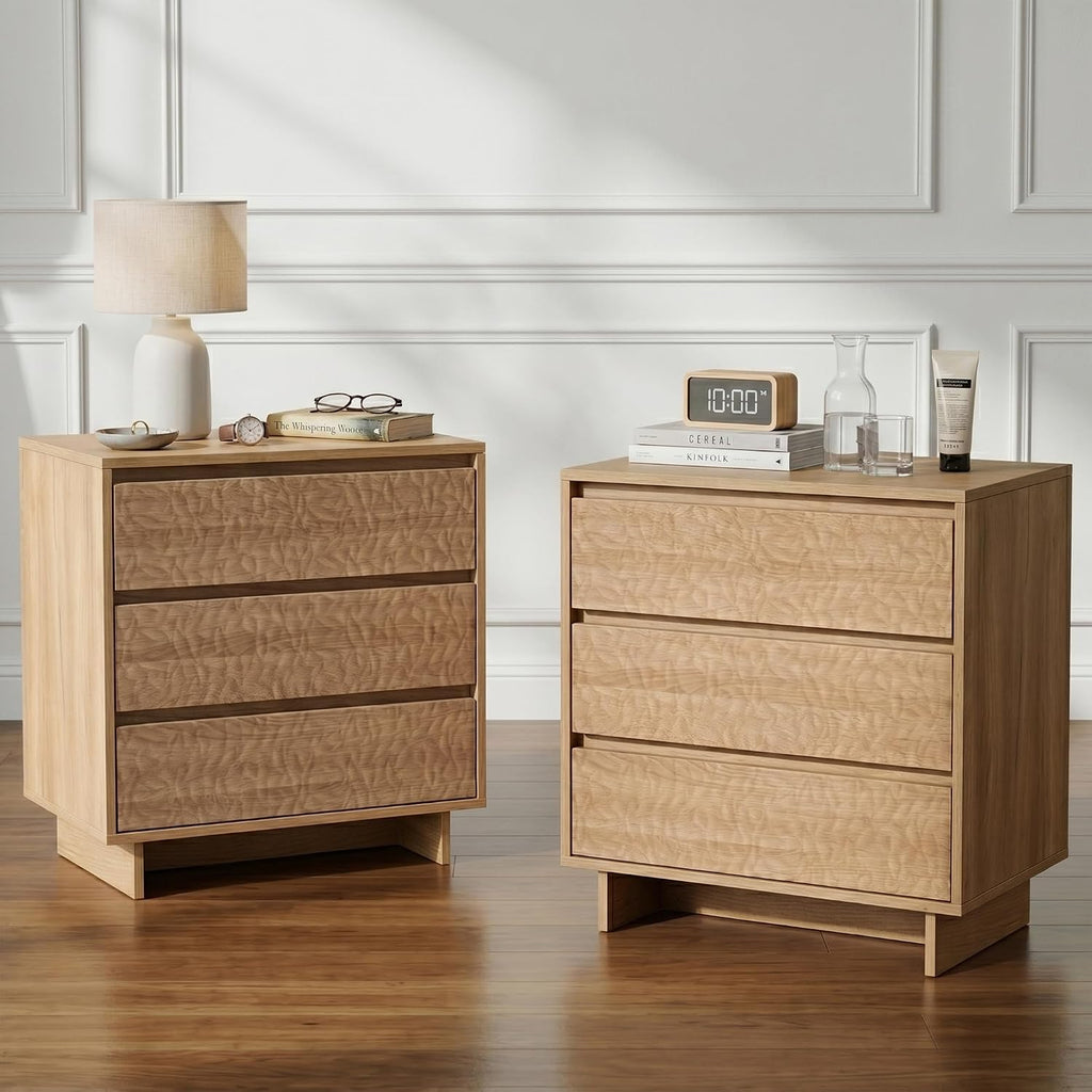 Miereirl Nightstands with Charging Station, Modern Nightstand with 3 Drawers, 26.5' W Wooden End Side Table for Bedroom, Natural Oak