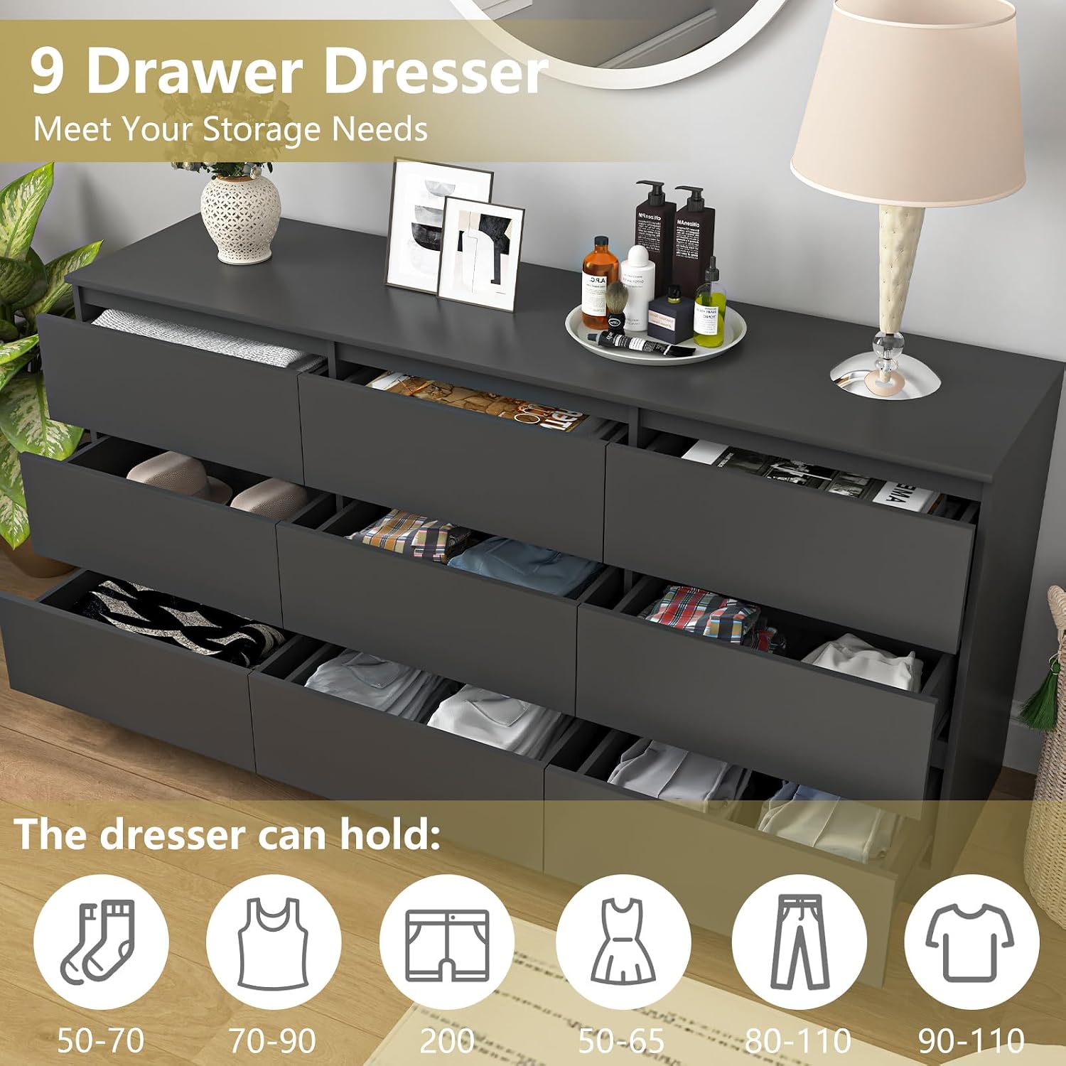Black 9 Drawer Dresser for Bedroom,Modern Deep Drawer Dresser with No-Handle Design,Wide Storage Chest of Drawers,Wood Bedroom Storage Organizer Furniture for Closet,Hallway