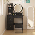 Vanity Desk Set with Lighted Mirror, Makeup Vanity with 5 Drawer & Shelf, Dressing Table with Touch Screen Light & Jewelry Organizer for Bedroom, Black (Lighted Mirror)