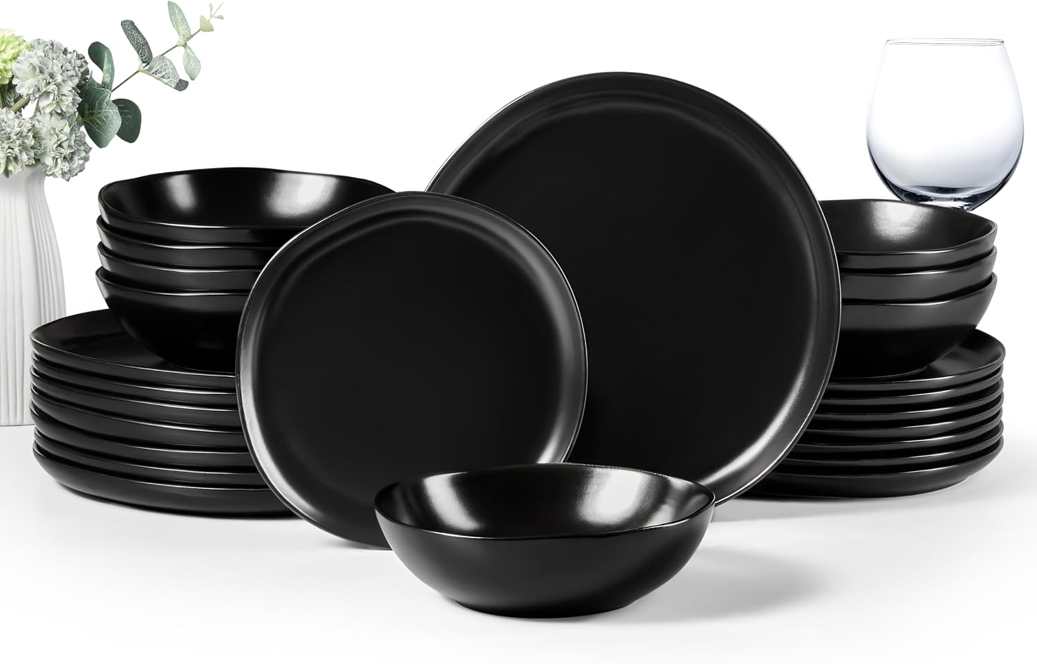 HaWare Dinnerware Sets, 24-Piece Stoneware Plates and Bowls Set, Dish Set for 8, Ceramic Dishware for Home Restaurant, Chip and Scratch Resistant, Microwave and Dishwasher Safe, Matte Black