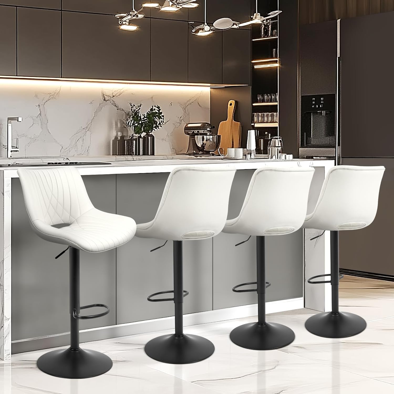 Swivel Bar Stools Set of 2, Height Adjustable Counter Height Bar Stools with Open Back and Footrest, Premium Faux PU Leather, Modern Upholstered Bar Chairs for Kitchen Island/Bar/Counter, White