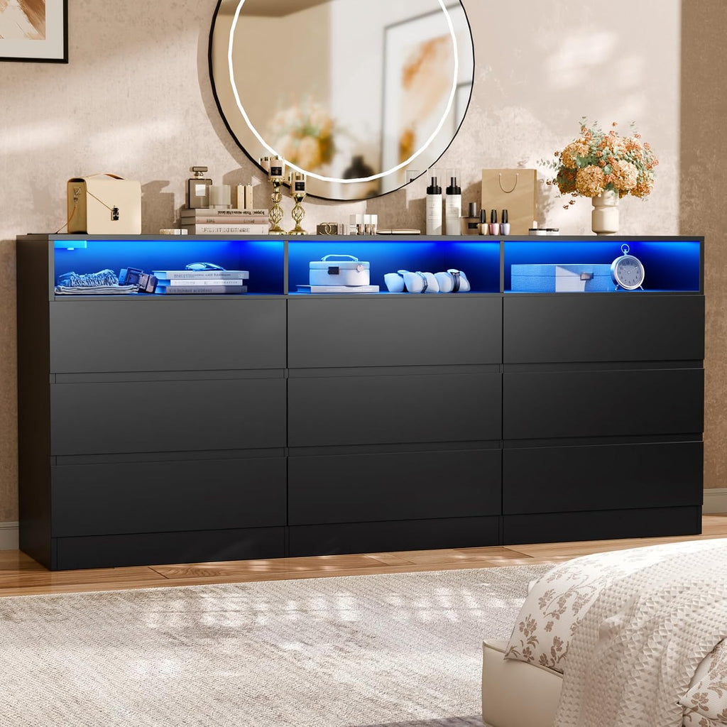 STIKELY 9 Drawer Dresser for Bedroom with Power Outlet and LED Light, Black Dresser Chest of Drawers for Closet, Modern Dressers Organizer Cabinet for Living Room, Entryway, Hallway (Black)