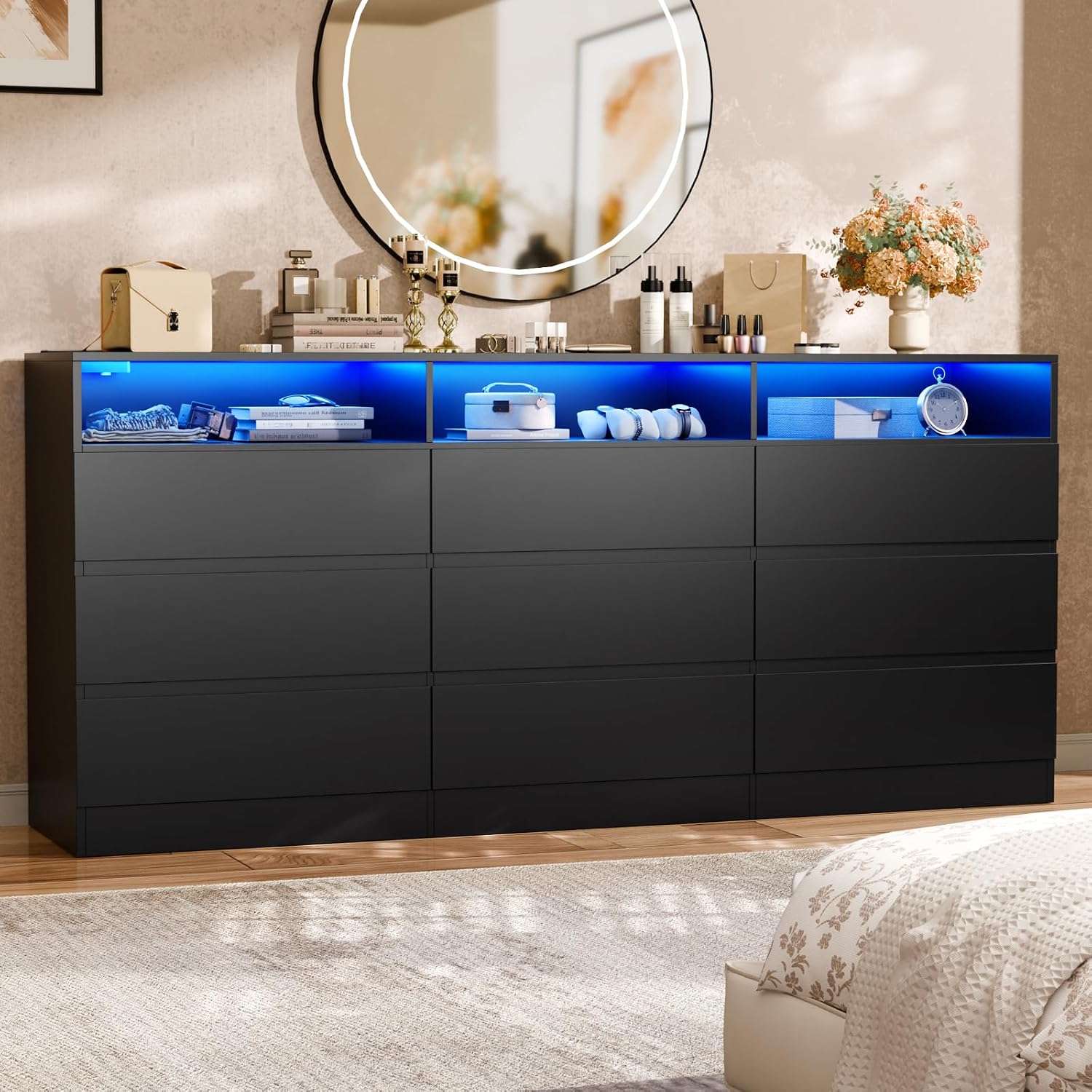 STIKELY 9 Drawer Dresser for Bedroom with Power Outlet and LED Light, Black Dresser Chest of Drawers for Closet, Modern Dressers Organizer Cabinet for Living Room, Entryway, Hallway (Black)