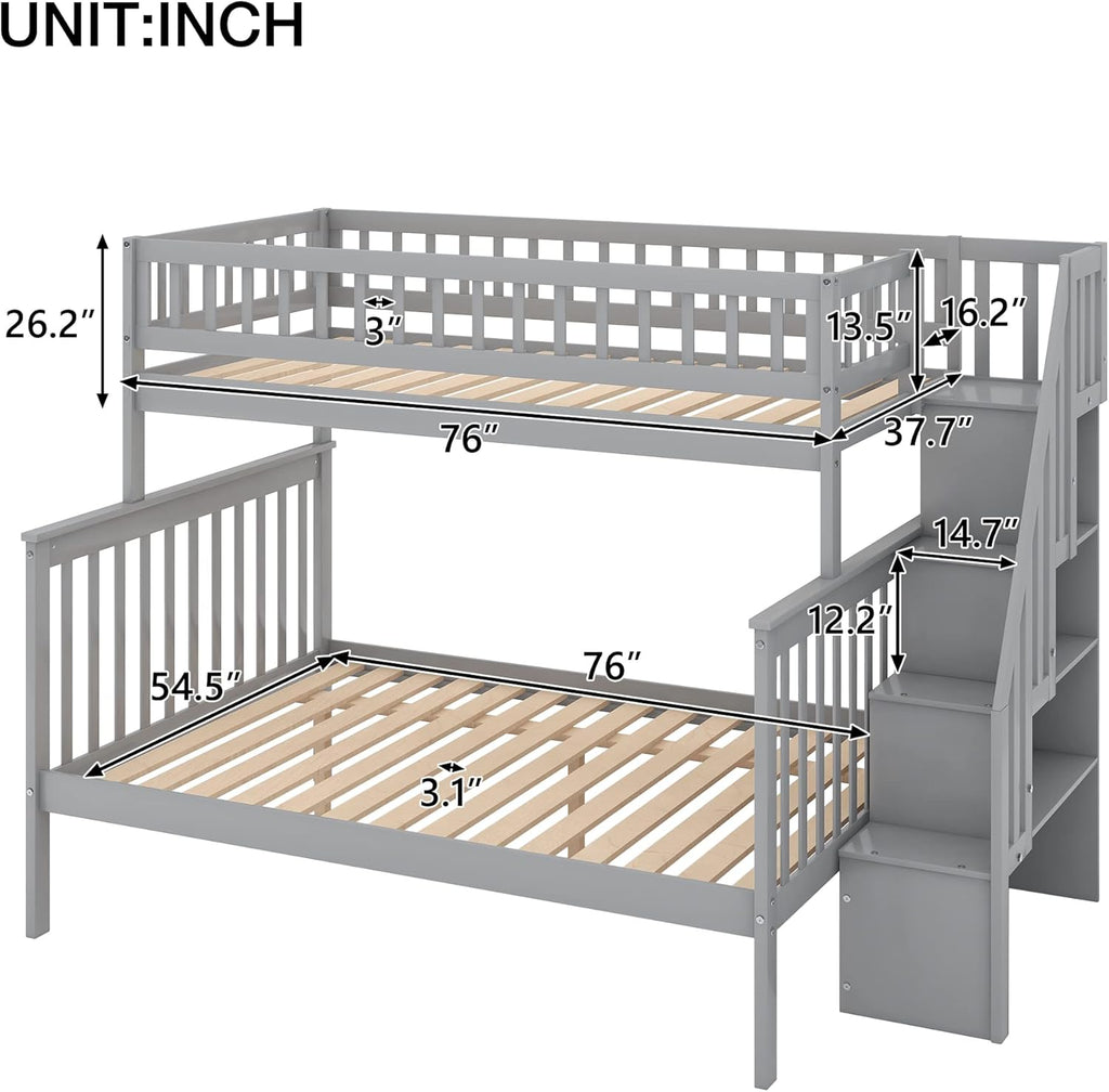 Harper & Bright Designs Wooden Bunk Bed with Stairs Twin Over Full Bunk Bed with Storage and Guard Rail for Kids Teens Adults (Gray)