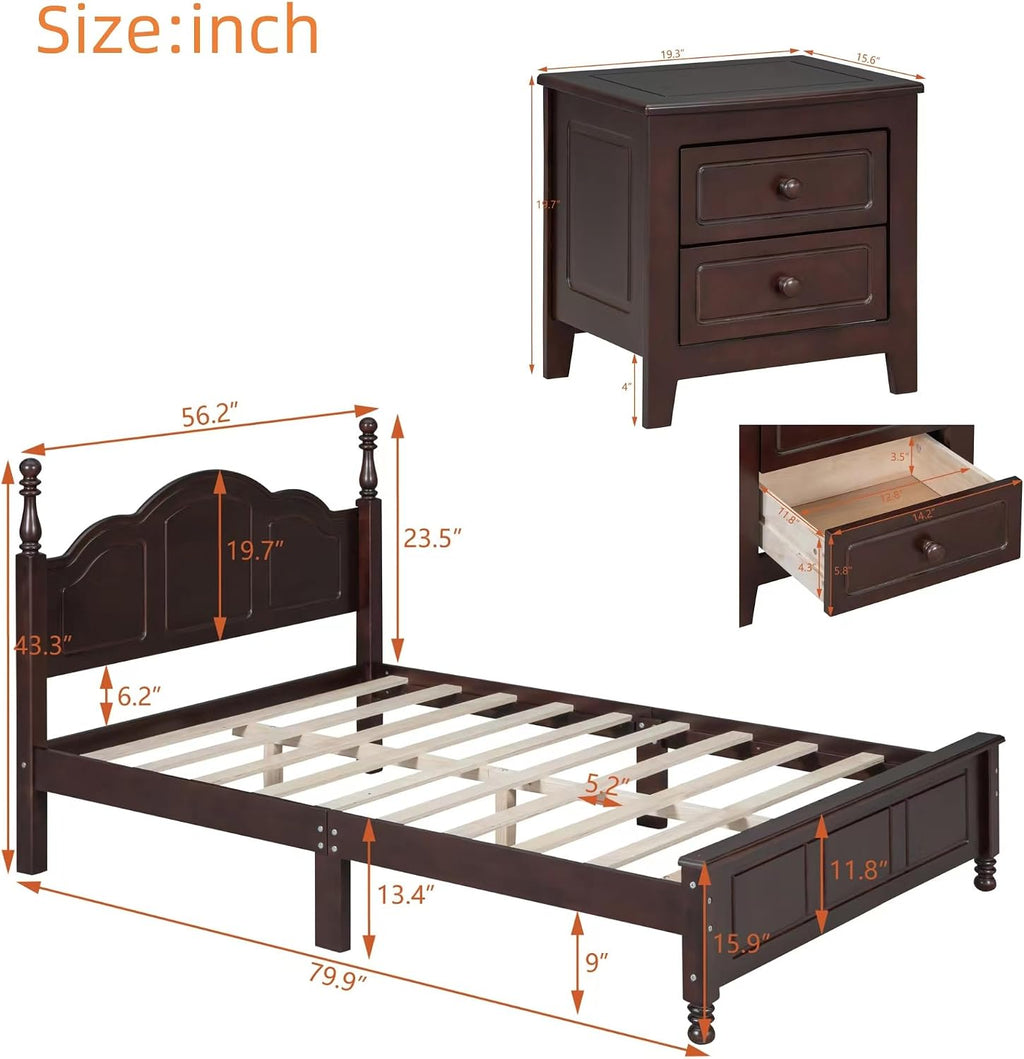 3 Piece Full Bedroom Set, 3 Pieces Bedroom Sets Full Size Wood Platform Bed and 2 Nightstands, 3 Piece Wood Bedroom Furniture Set, Dark Walnut