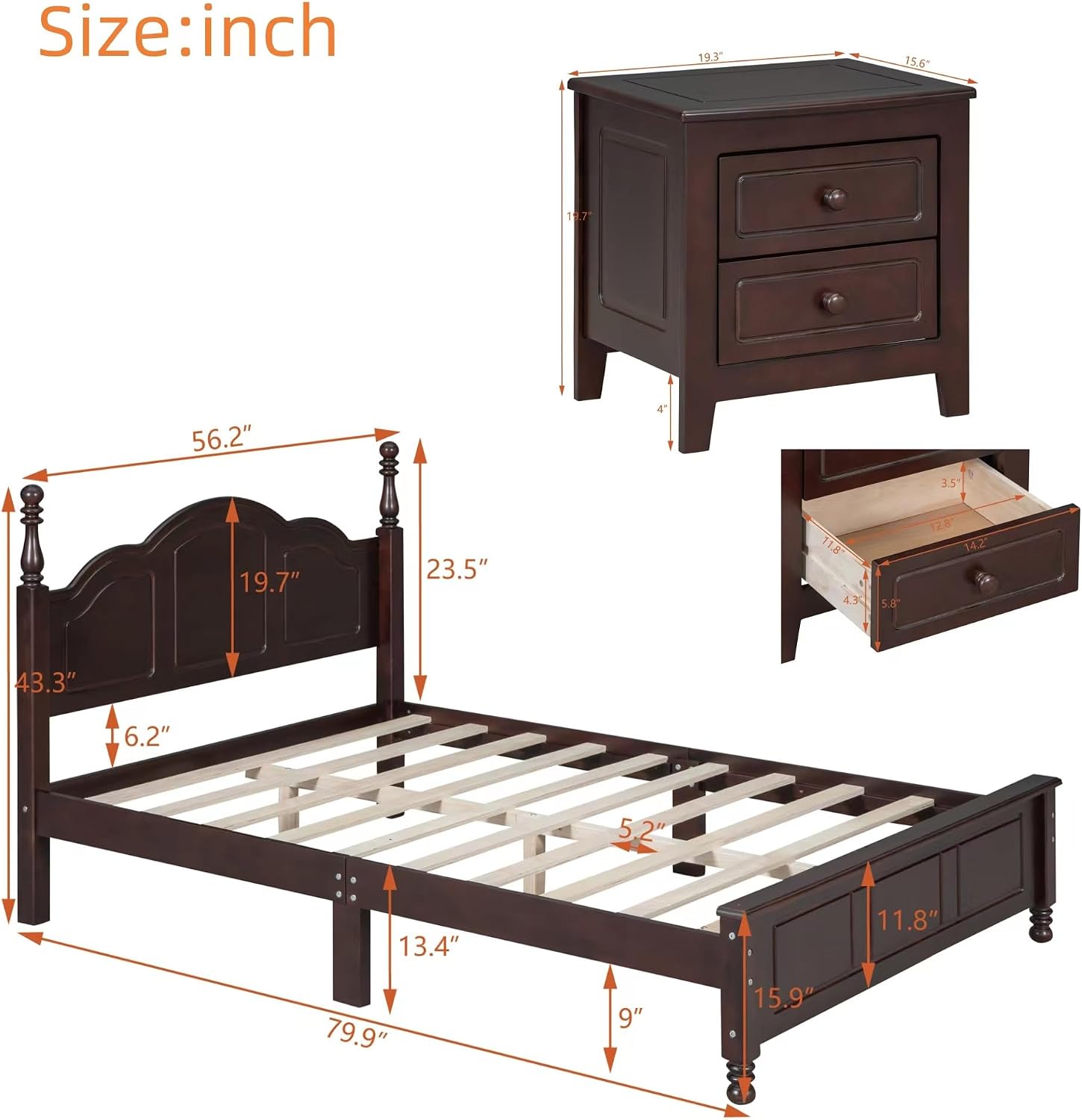 Quarte 3-Pieces Bedroom Furniture Sets, Retro Full Size Wood Platform Bed and Two Nightstands, Perfect for Teens Adults (Dark Walnut/3-Piece)