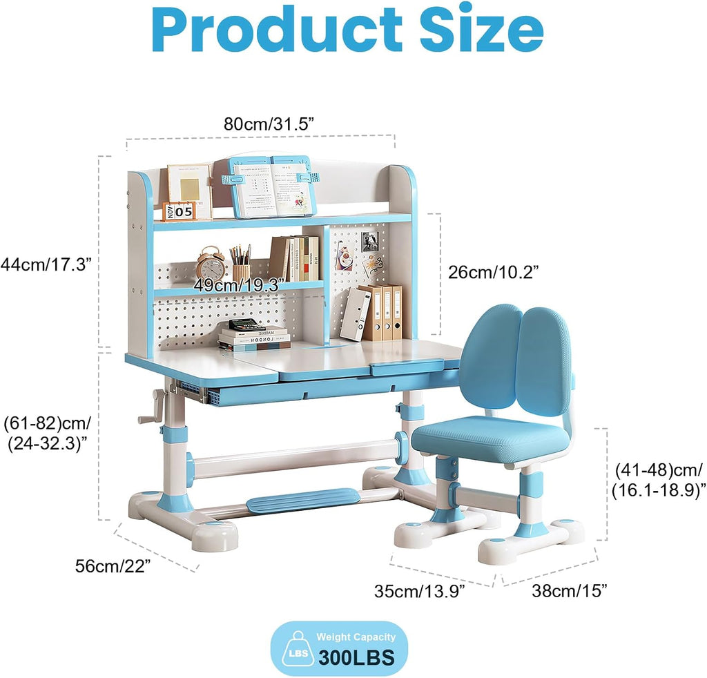 Kids Functional Desk and Chair Set – Ergonomic Height Adjustable Study Desk with One-Touch Tilting Desktop, Book Stand, Reading Rack & Storage Drawer for Children Boys & Girls (Blue)