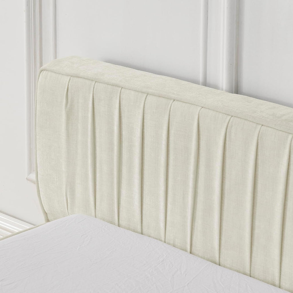 KLMM Queen Size Upholstered Bed Frame with Chenille Fabric with Pleated Design,Grounded Platform Bed with Headboard and Solid Frame,for Bedroom Use (Beige/Chenille, Queen)