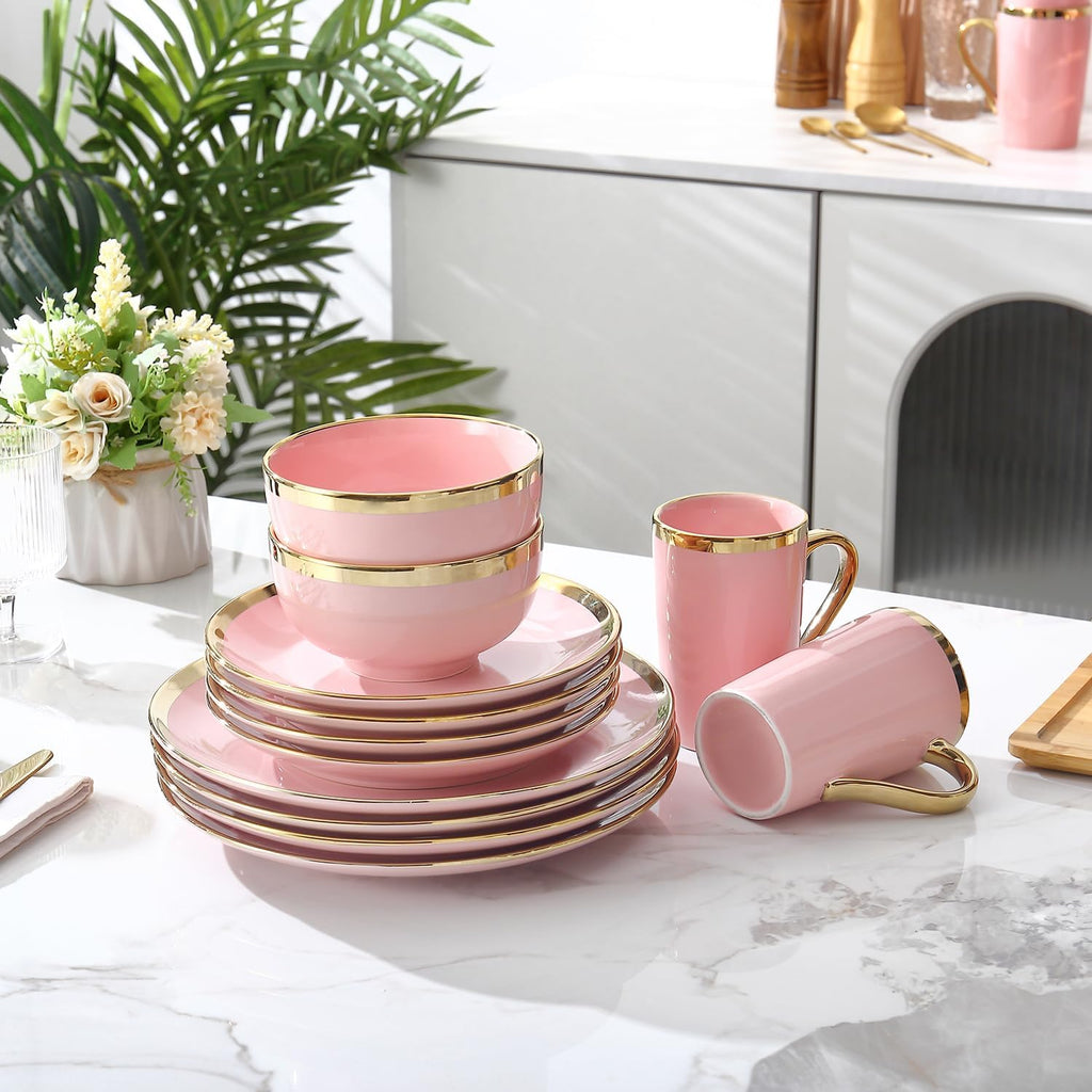 Modern Porcelain 16 Piece Pink Dinnerware Set, Stoneware Dinnerware Sets for 4,Plates and Bowls Sets, Dinnerware with Gold Trim, Gold Dish Set,Pink and Golden Rim.