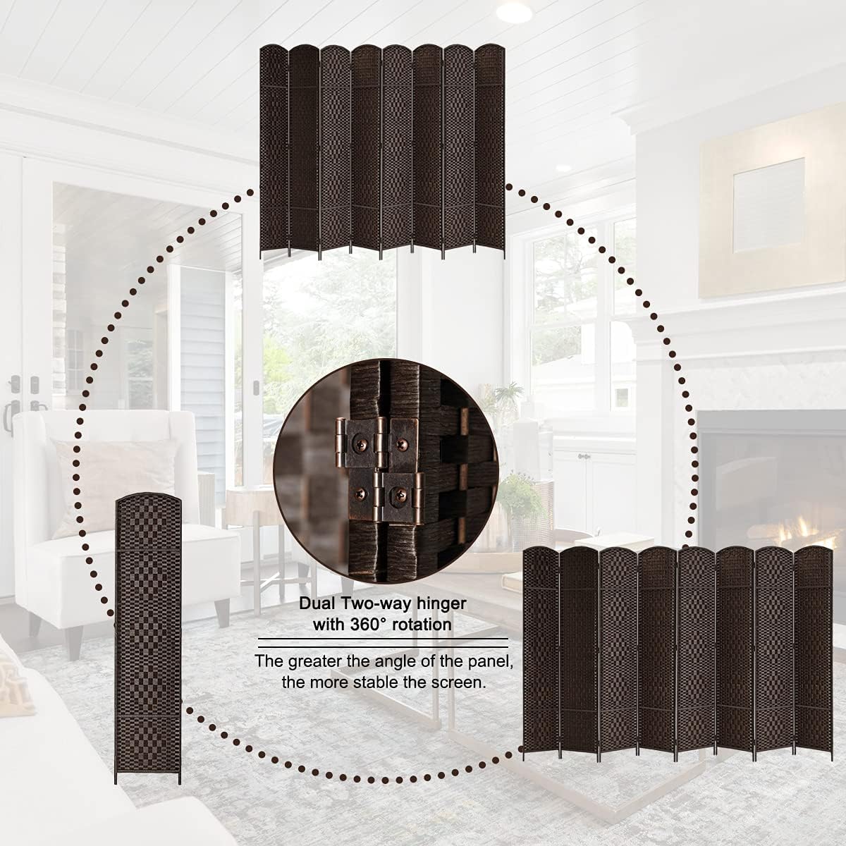 Rose Home Fashion Room Divider, 6 ft Tall Room Dividers and Folding Privacy Screens, 16in Privacy Screen 8 Panel Dark Coffee Space Temporary Wall Foldable Partition Separation