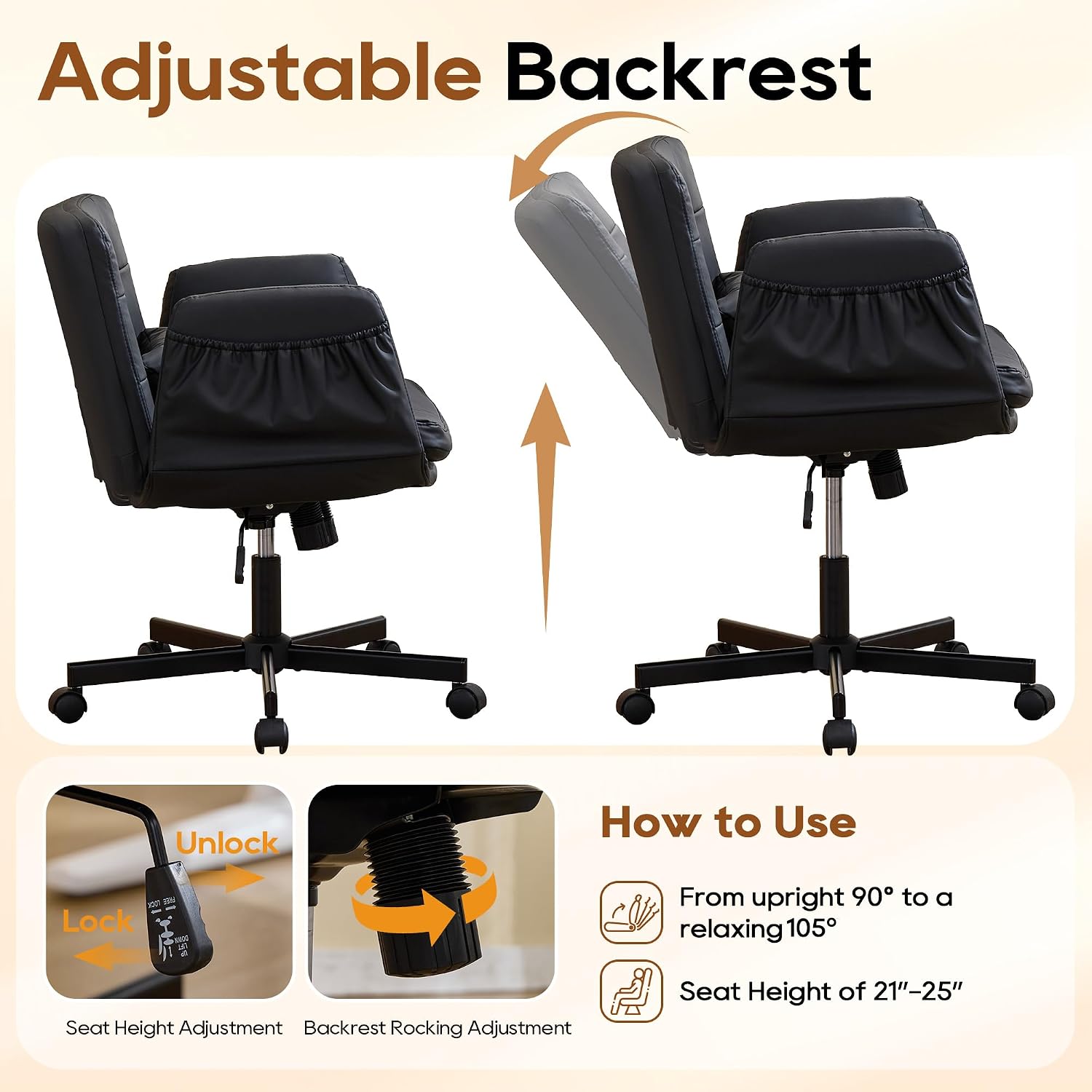 Criss Cross Chair with Wheels & Outward-Folding Armrests, Faux Leather Cross Legged Office Chair with Storage Pockets, Comfortable Adjustable Swivel Vanity Chair for Home, Living Room, Bedroom (Black)