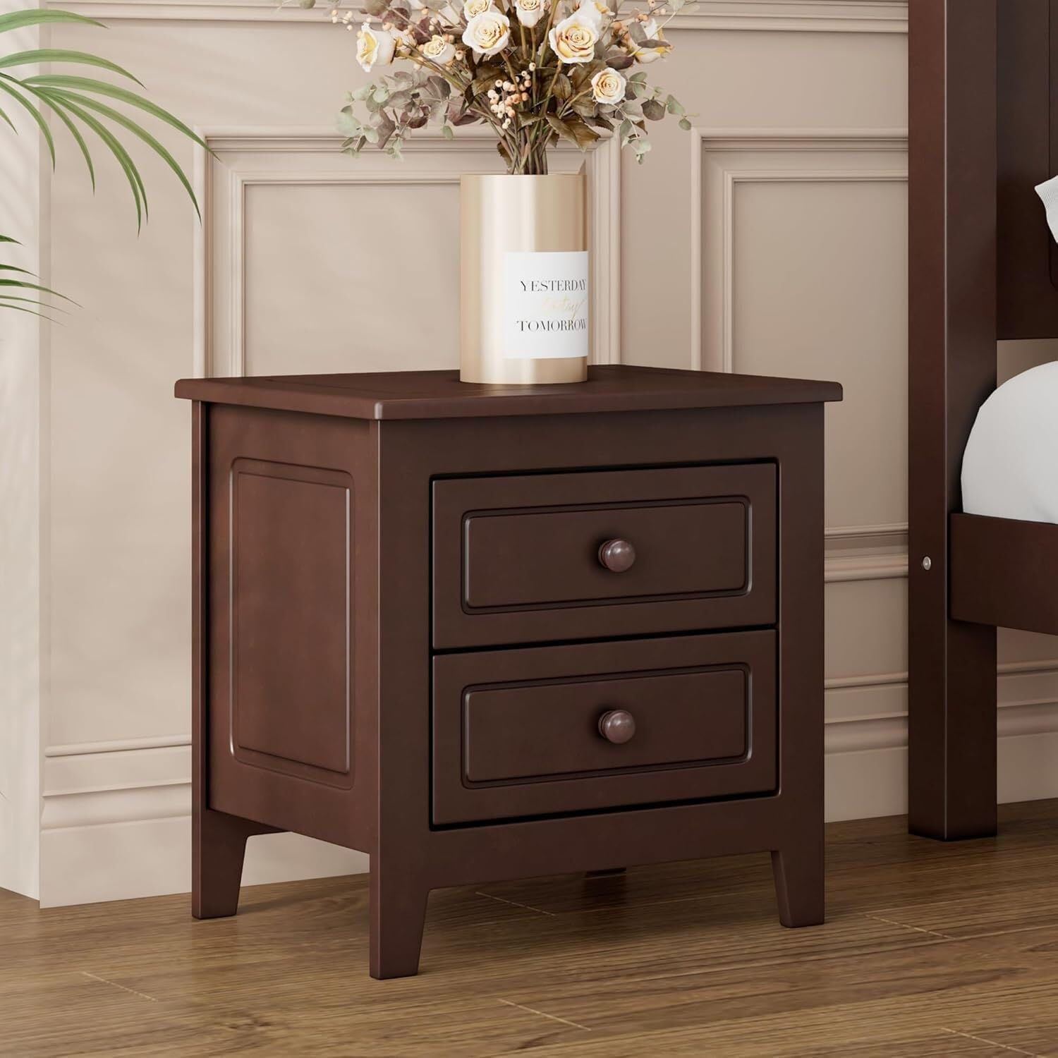 A Three-Piece Furniture Set, A Sturdy Wooden Bed with A Bedside Table, Suitable for A Family Setting(Dark Walnut(Full))