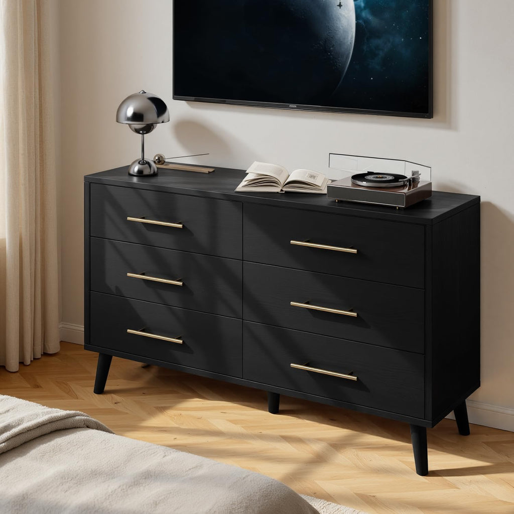 Ahomly 6 Drawer Dresser for Bedroom, Modern Dresser with Anti-Tip Kit, Ample Storage & Silent Gliding Slides, Wooden Chest of Drawers for Living Room, Entryway, Nursery, Black
