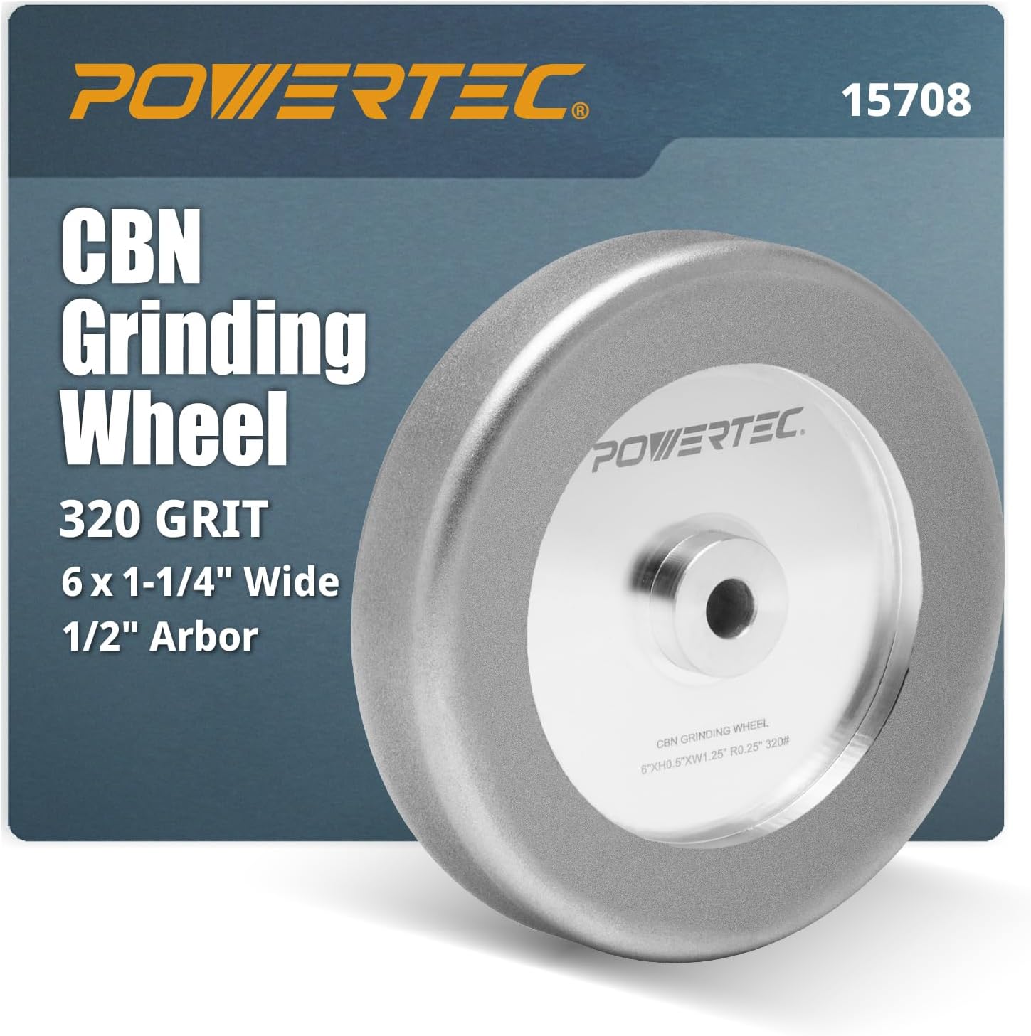 POWERTEC CBN Grinding Wheel 6 Inch 320 Grit, 1-1/4' Wide, 1/2' Arbor – 4-in-1 CBN Sharpening Wheel with 1/4' Radius Edge and Side Face for Bench Grinder (15708)