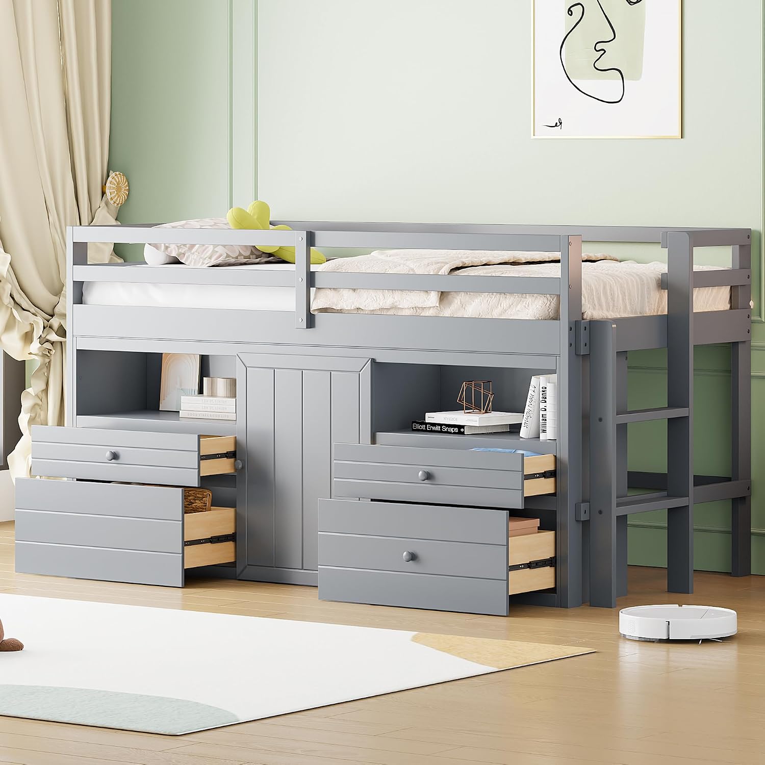 JIVOIT Twin Size Loft Bed with 4 Drawers, Underneath Cabinet and Shelves, Muti-Functional Loft Bed with Full-Length Guardrails and Ladder, Space-Saving Low Loft Bed for Kids Teens (Gray & 4 Drawers)