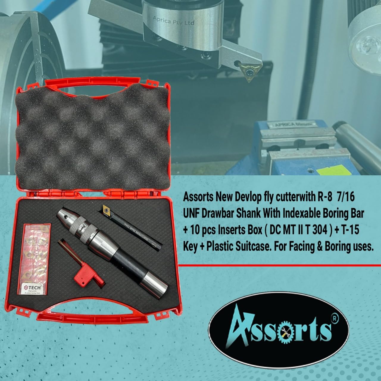 New Fly Cutter with R8 7/16 UNF Drawbar Shank, indexable Boring bar, 10 PCS Inserts (DCMT 11 T304), T-15 Key & Plastic case. Ideal for Facing & Boring. Watch The Working Video for Details