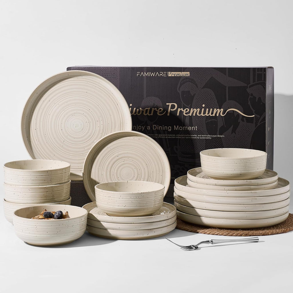 18-Piece Stoneware Reactive Glaze Dinnerware Set, Flared Plates & Bowls with Speckles & Spirals, Chip & Scratch Resistant Dishes, Dishwasher Safe, Service for 6, Gift Box, Shell Beige