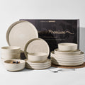 18-Piece Stoneware Reactive Glaze Dinnerware Set, Flared Plates & Bowls with Speckles & Spirals, Chip & Scratch Resistant Dishes, Dishwasher Safe, Service for 6, Gift Box, Shell Beige