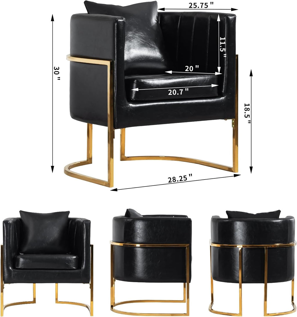 Modern Leather Accent Chair, Mid Century Upholstered Barrel Armchair with Pillow for Living Room, Comfy Single Vanity Chair with Metal Gold Legs for Bedroom, Black