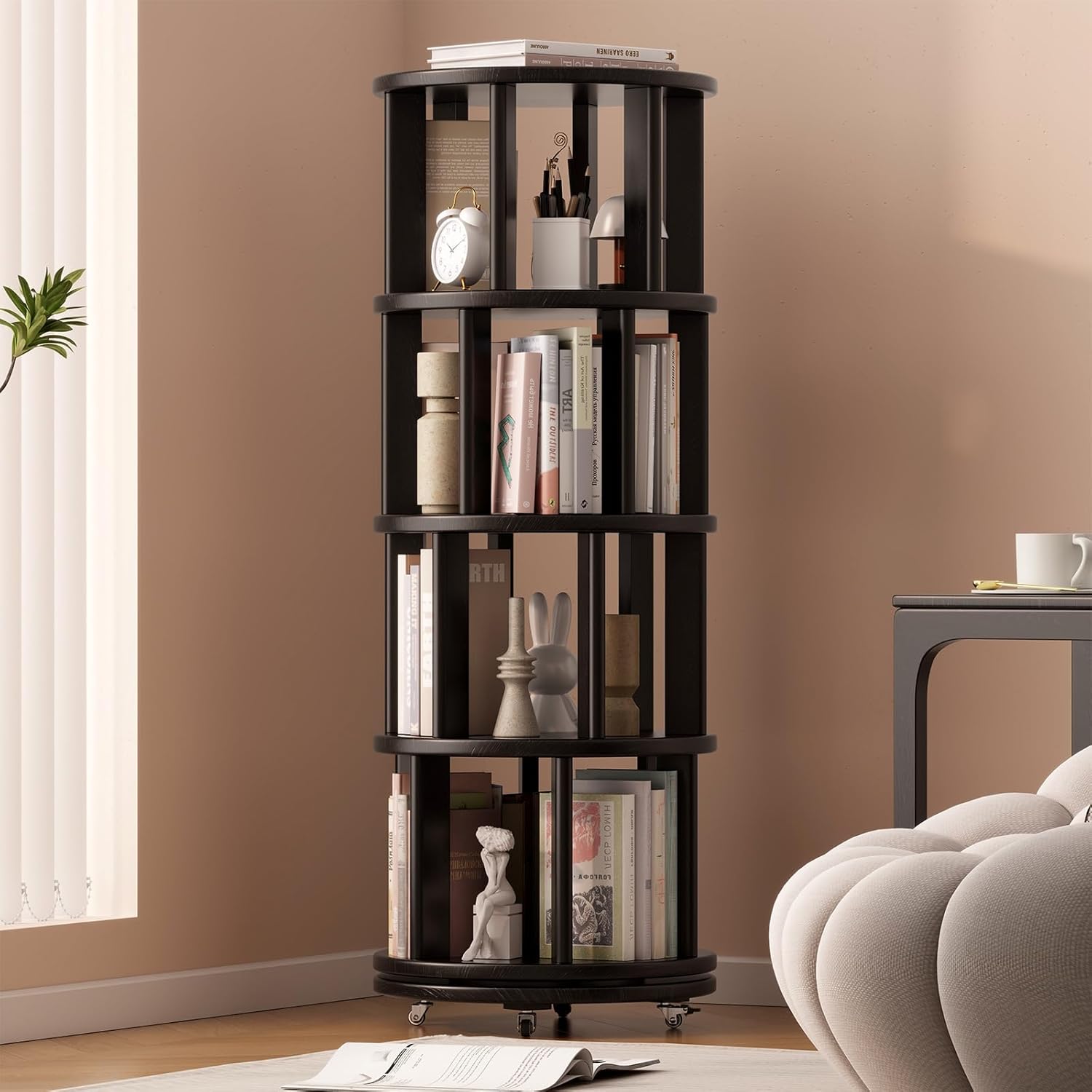Muwuele Solid Wood Rotating Bookshelf on Wheels, 4 Tier, Round Revolving Bookcase, 360° Spinning Book Shelf Tower for Kids, Narrow Rolling Bookshelves for Small Space, Corner, Bedroom, Office, Black