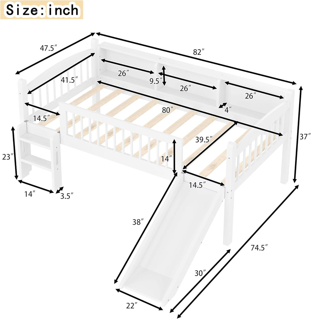 JIVOIT Twin XL Loft Bed with Storage Shelves, Solid Wood Lower Loft Bed with Full-Length Guardrails, Wood Slats Support, Space-Saving Design, No Box Spring Needed (White,Twin XL,51)