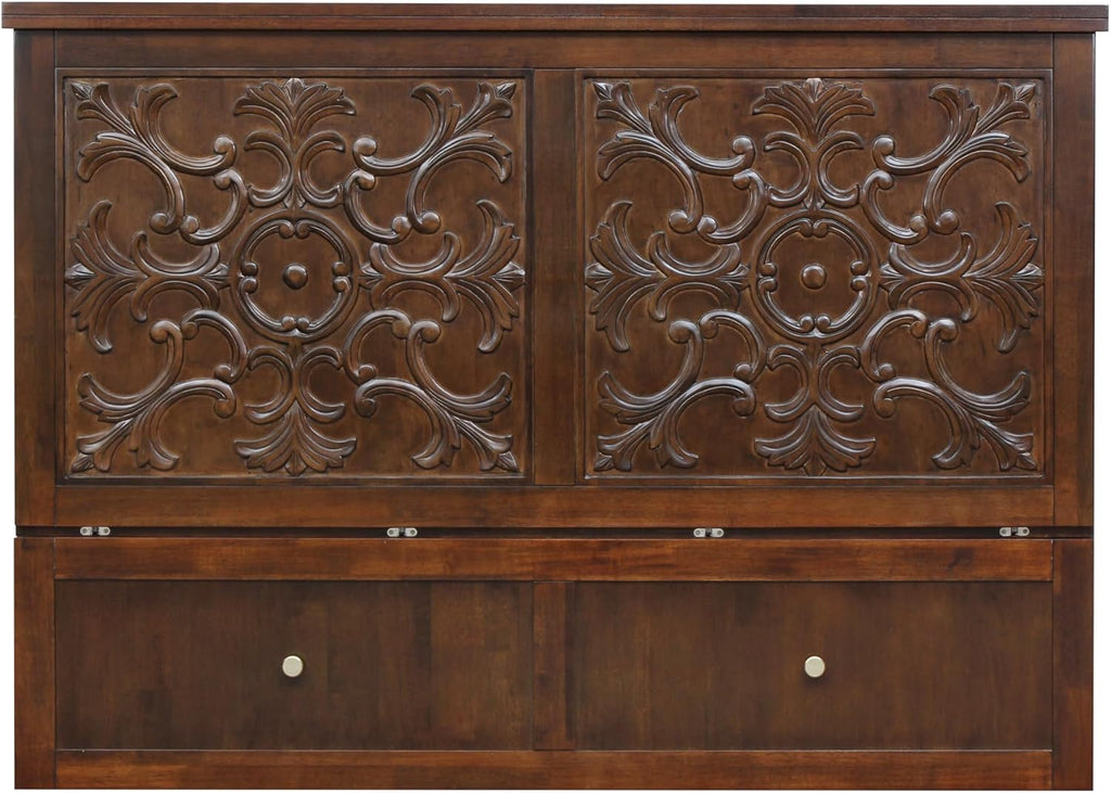 Mega Solutions Notturno Murphy Cabinet Bed Queen 8 inch Save Space in Style with Elegant Chestnut Wood Finish Charging Station - Guest Room or Small Apartment Must-Have