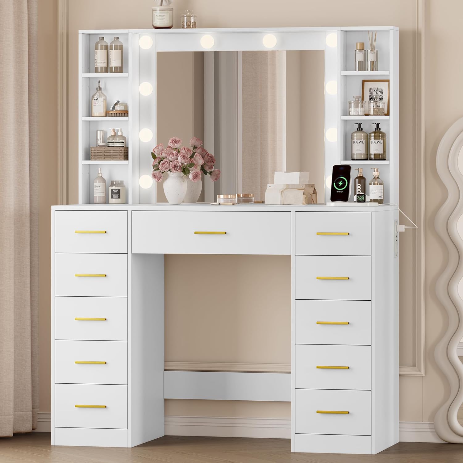 Wodeer Makeup Vanity with Drawers, 43' White Vanity Desk with Mirror and Lights, 11 Drawers & 4 Shelves, Power Outlet & Adjustable LED Lights, Dressing Table for Women & Girls Bedroom