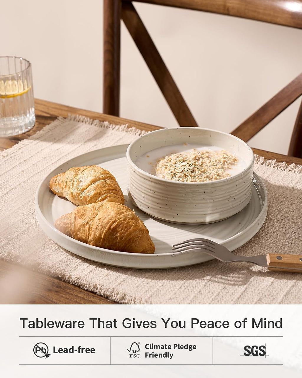 18-Piece Stoneware Dinnerware Set – High Edge Plates and Bowls with Reactive Glaze, Speckles & Spirals, Scratch Resistant Dishes, Dishwasher Safe, Service for 6, Gift Box, Shell Beige