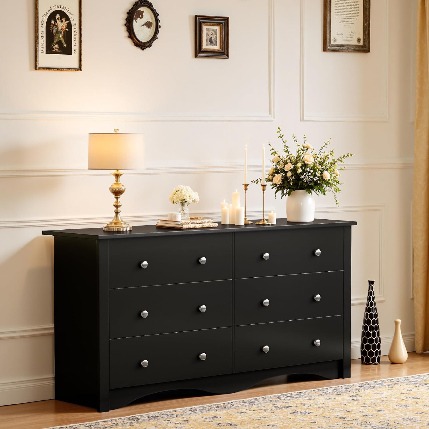 JUMMICO Black Dresser for Bedroom, 6 Wood Dresser Drawers, Wide Chest of Drawers, Storage Tower Unit, Modern Design for Bedroom, Living Room, Hallway, Entryway