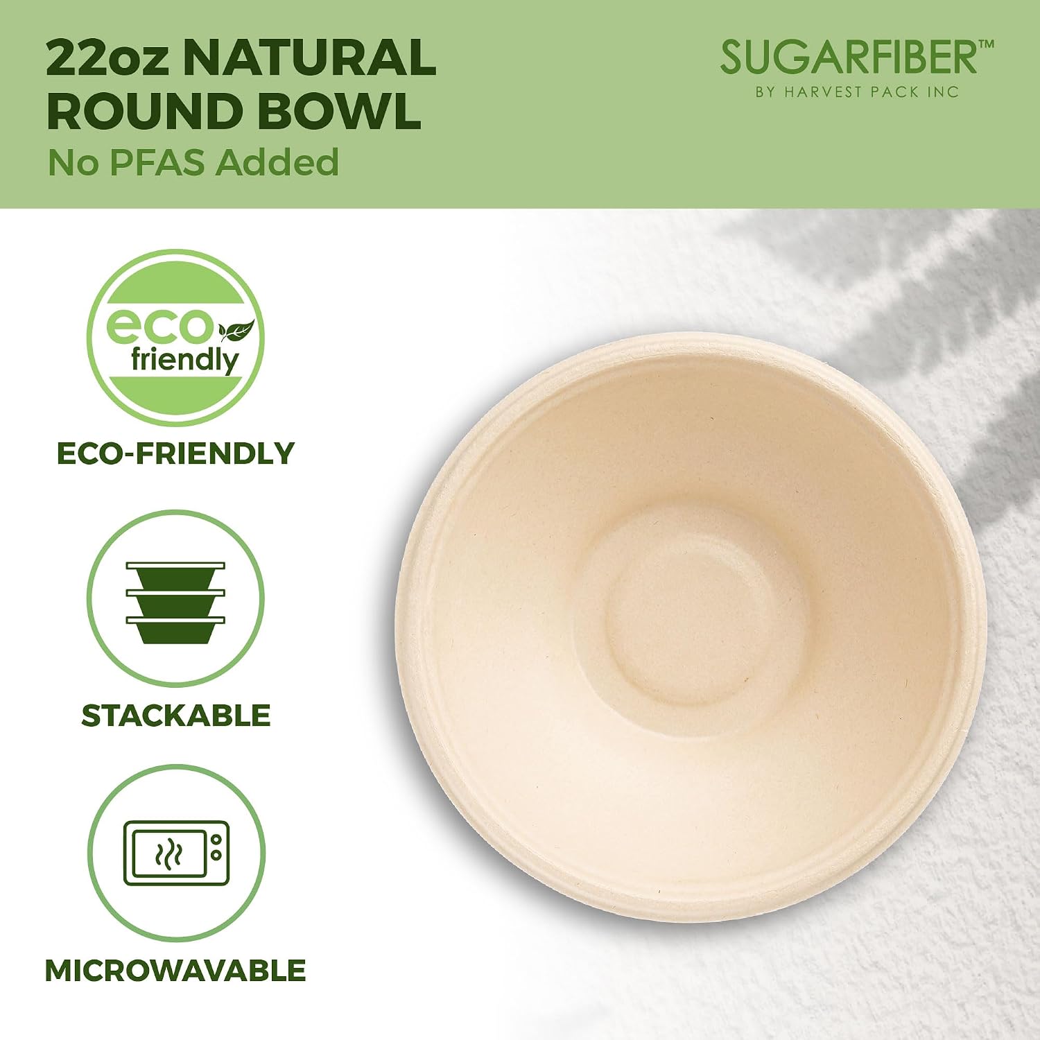 [1000 Count]Sugarfiber by Harvest 22oz Round Compostable Bowls PFAS Free with PLA coating, Heavy-Duty Eco-Friendly Disposable Bagasse Bowl, Sugarcane made plant fibers for Meal Prep