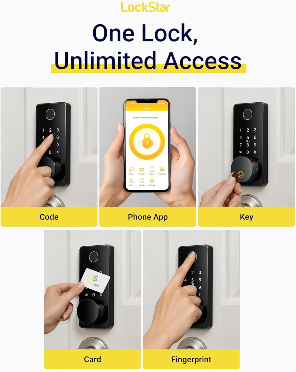 LOCKSTAR® Smart Door Lock • Keyless Entry Deadbolt Door Lock • Multiple Entry Methods – APP • Fingerprint Touch ID • Keypad Code • Card FOB • Traditional Key • Smart Home Devices