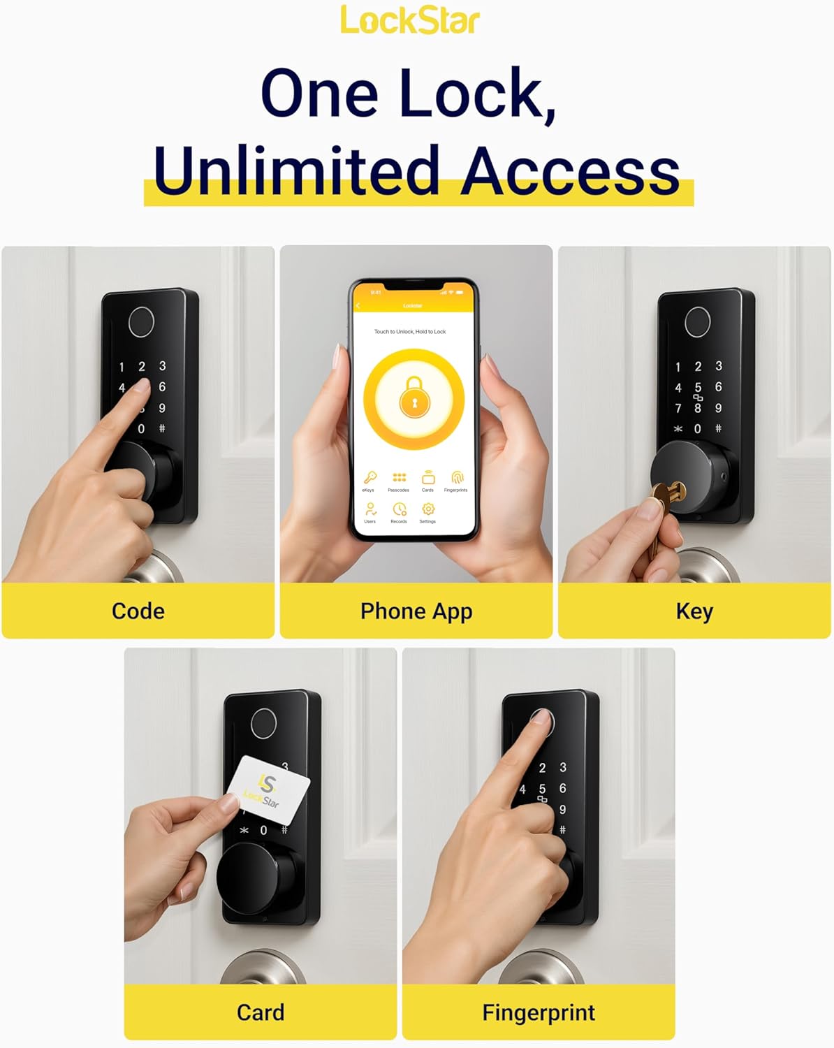 LOCKSTAR® Smart Door Lock • Keyless Entry Deadbolt Door Lock • Multiple Entry Methods – APP • Fingerprint Touch ID • Keypad Code • Card FOB • Traditional Key • Smart Home Devices
