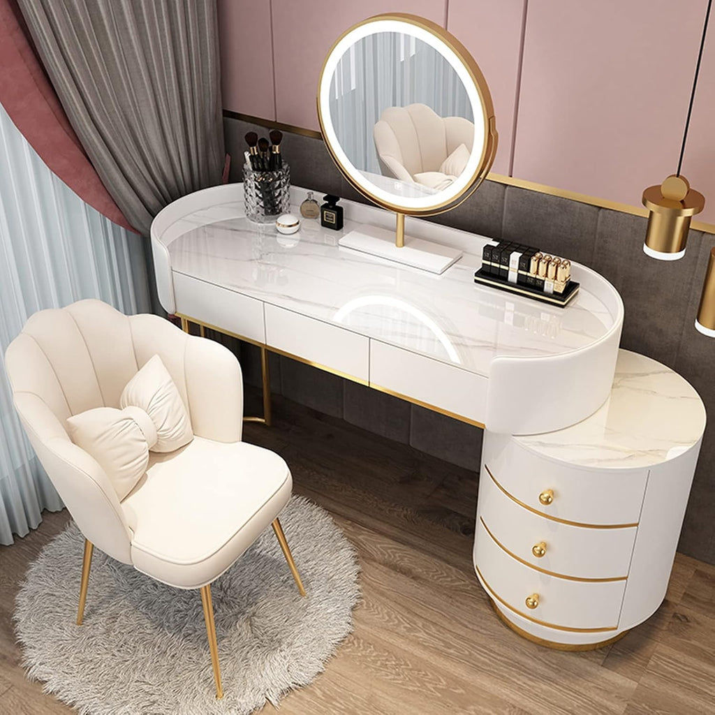 Dressing Table Makeup Vanity Table, with Adjustable LED Mirror 3 Color Lighting, Round Vanity Desk Bedside Table and Cushioned Stool Set, Bedroom Furniture Decor(White B-120cm/47.2in)