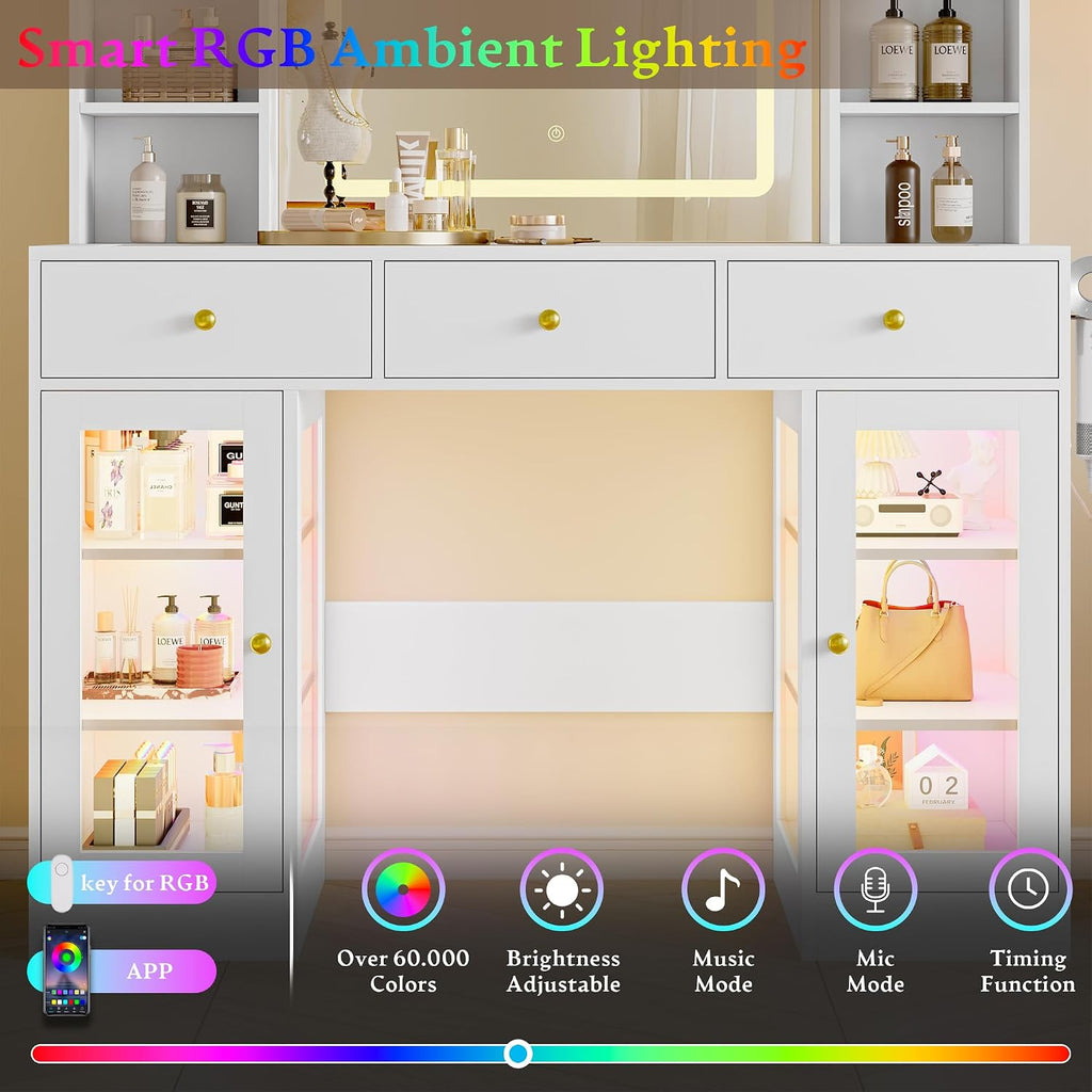 Makeup Vanity Desk with Mirror and Lights, 43' White Vanity with Glass Top, Jewelry Storage, 3 Drawers & Glass Cabinets, Power Outlet & Adjustable LED Lights, Dressing Table for Women & Girls Bedroom